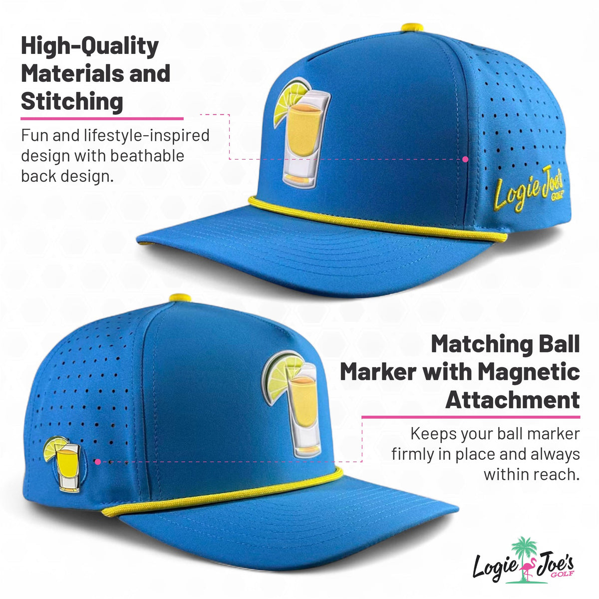 Jogie Loe's Flamingo Golf Hat | Snapback Cap | Built-in Magnetic Ball Marker Holder + Marker Included | Adjustable Flamingo