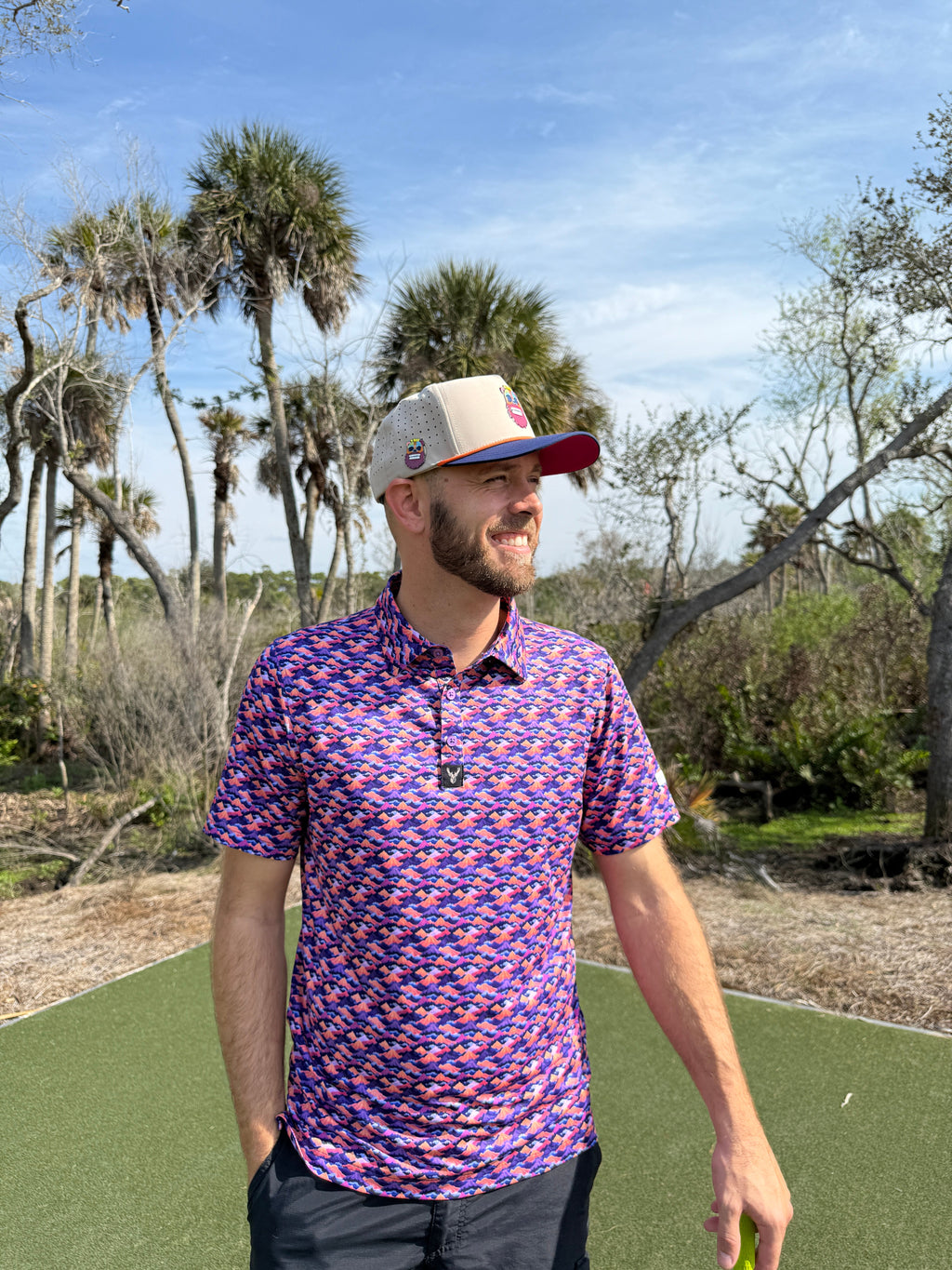 Tiki Bear Golf Hat | Snapback Cap | Built-in Magnetic Ball Marker Holder + Marker Included | Adjustable Multicolor