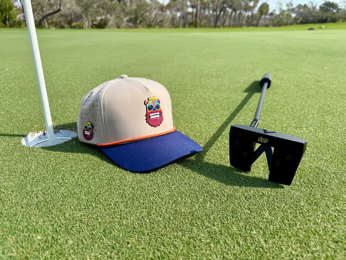 Tiki Bear Golf Hat | Snapback Cap | Built-in Magnetic Ball Marker Holder + Marker Included | Adjustable Multicolor